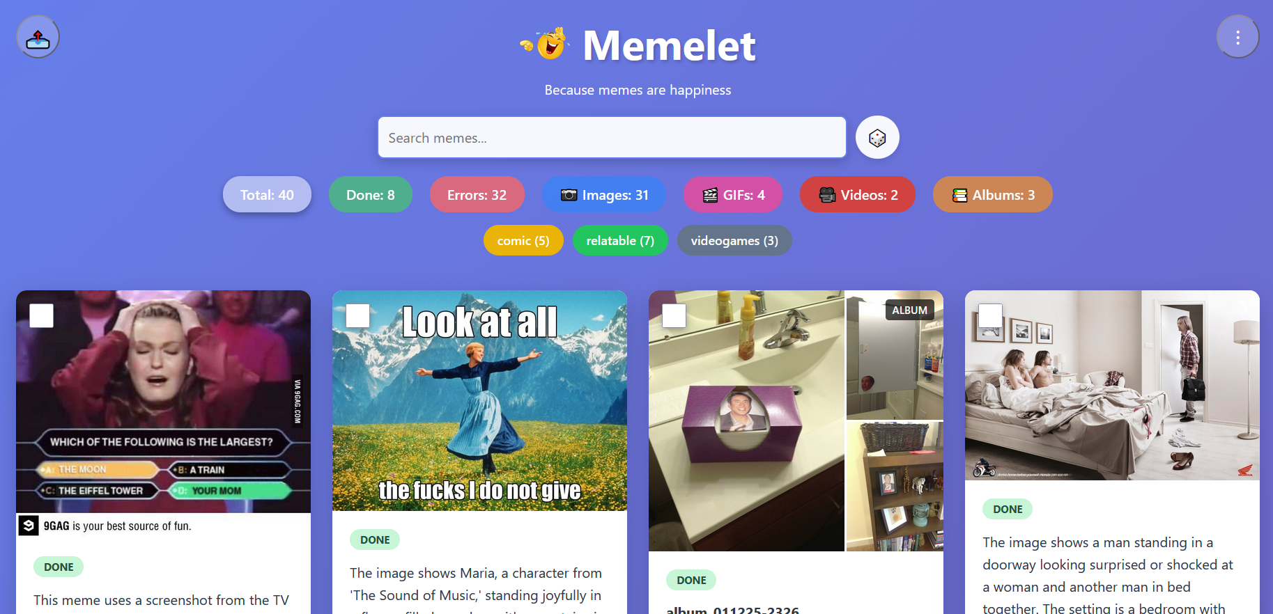 Memelet main interface showing meme collection with search, tags, and AI descriptions