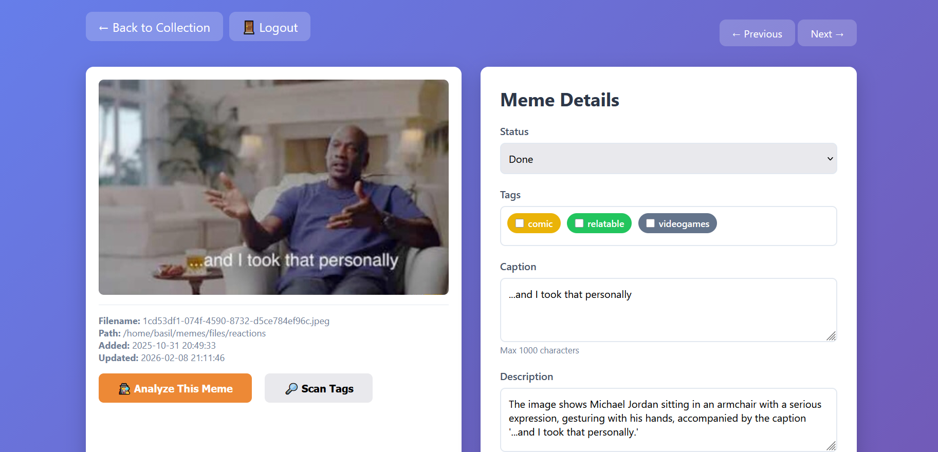 Meme detail view with AI-generated tags, caption, and description